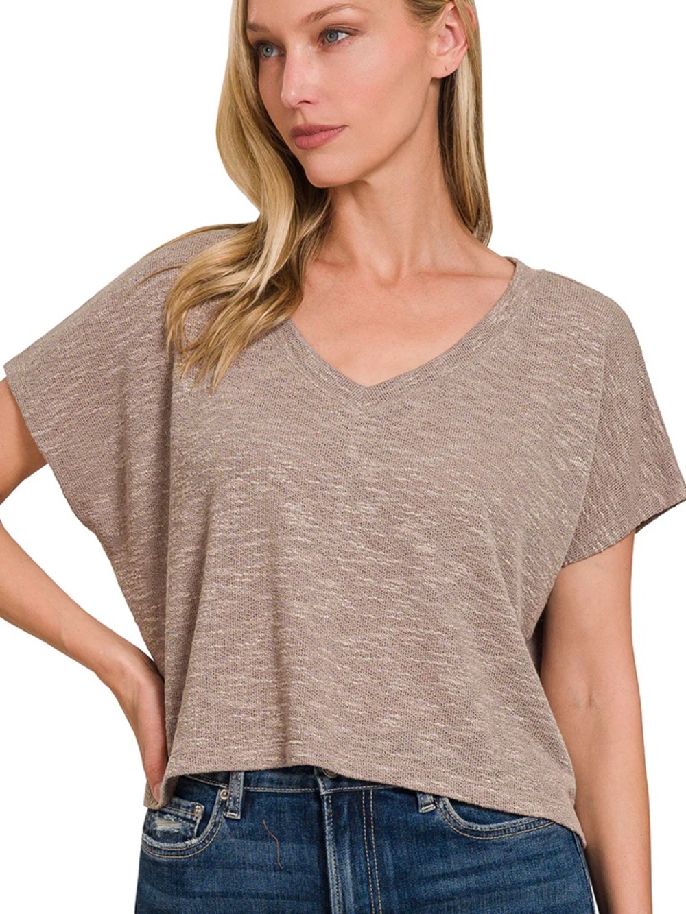 Zenana Outfitters Slub Hacci V-Neck Relaxed Crop Top